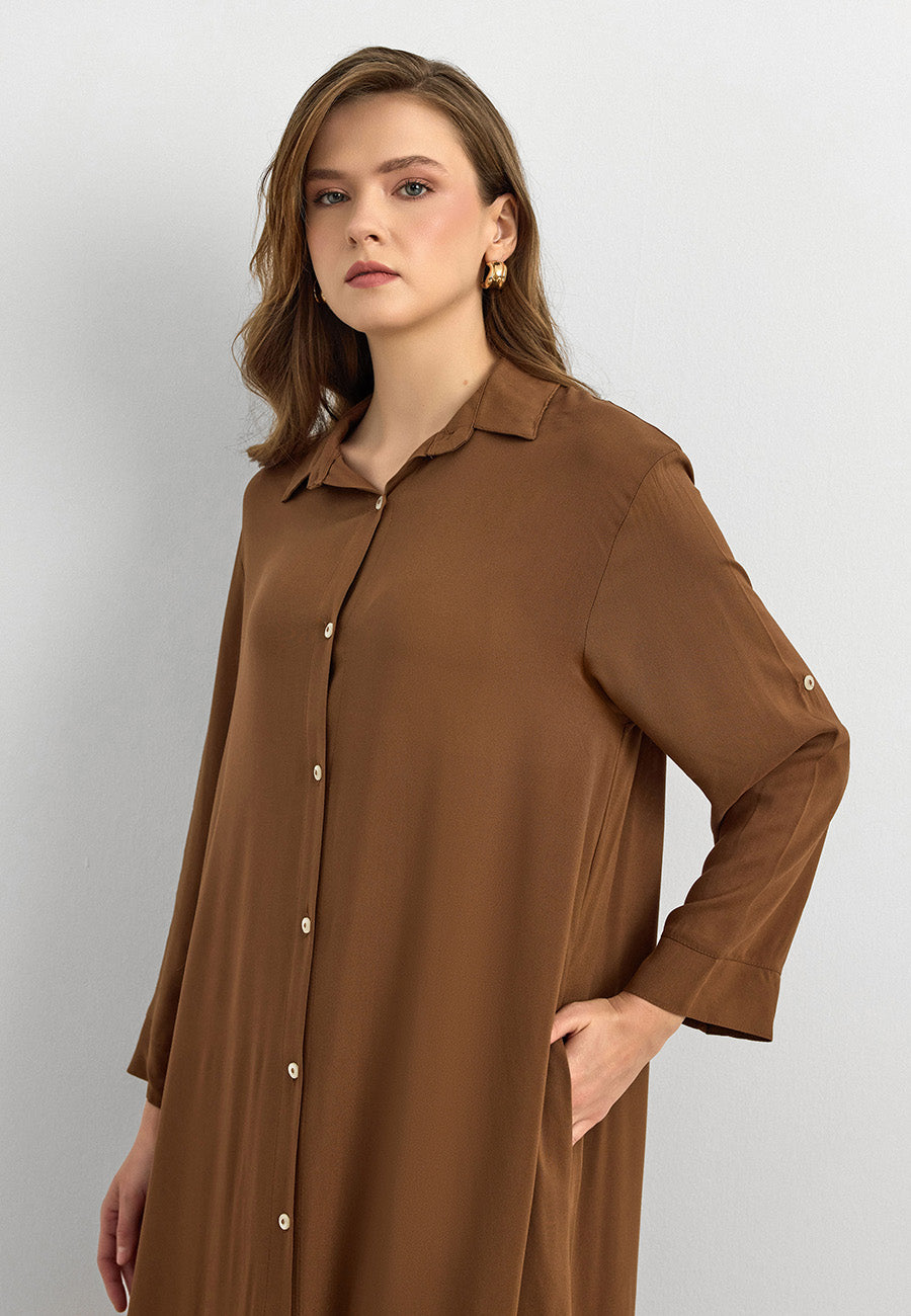 Basic Uzun Düğmeli Gömlek Elbise Tarçın