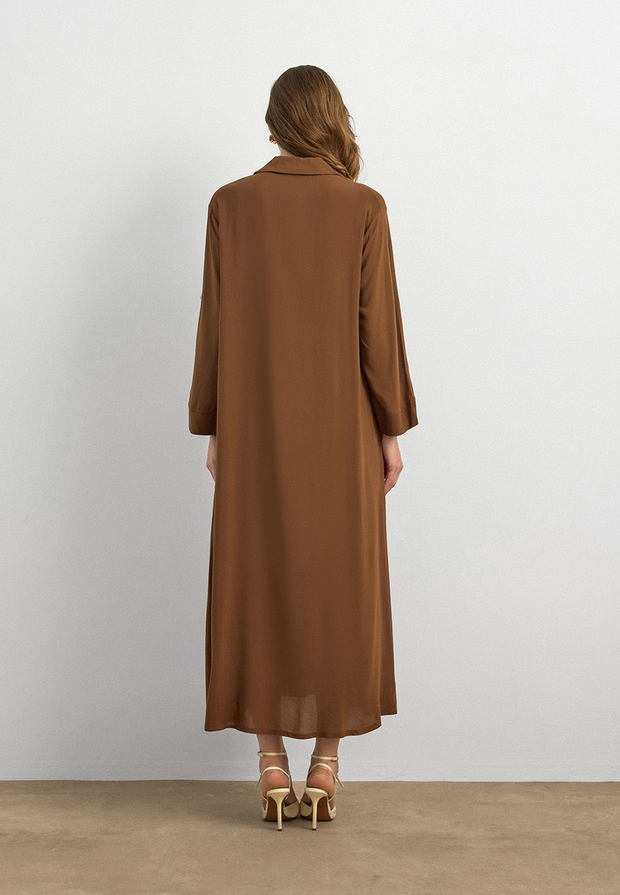 Basic Uzun Düğmeli Gömlek Elbise Tarçın