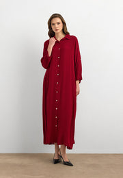 Basic Uzun Düğmeli Gömlek Elbise Kırmızı