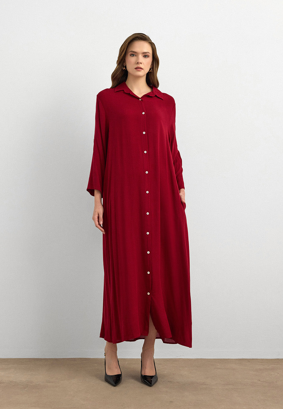 Basic Uzun Düğmeli Gömlek Elbise Kırmızı