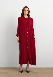 Basic Uzun Düğmeli Gömlek Elbise Kırmızı