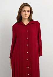 Basic Uzun Düğmeli Gömlek Elbise Kırmızı