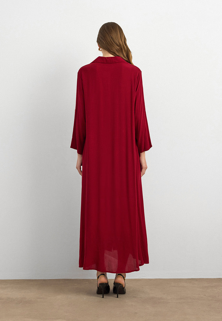 Basic Uzun Düğmeli Gömlek Elbise Kırmızı