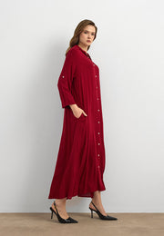 Basic Uzun Düğmeli Gömlek Elbise Kırmızı