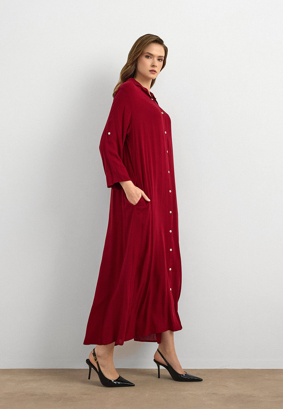 Basic Uzun Düğmeli Gömlek Elbise Kırmızı