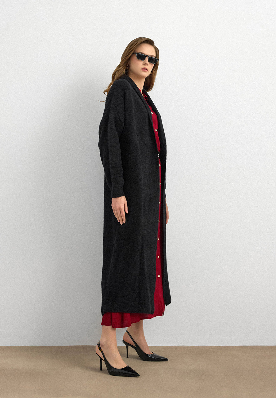 Sakal İplik Model Uzun Hırka  Siyah