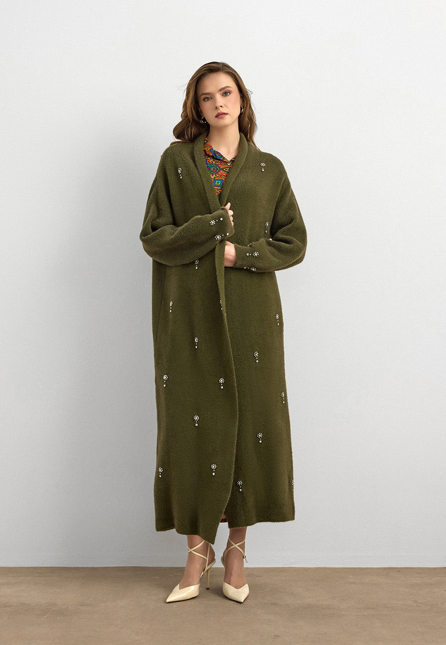 Damla Taşlı Uzun Hırka Haki