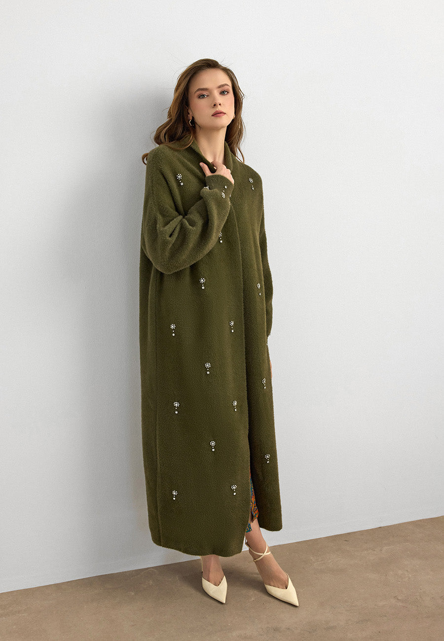 Damla Taşlı Uzun Hırka Haki