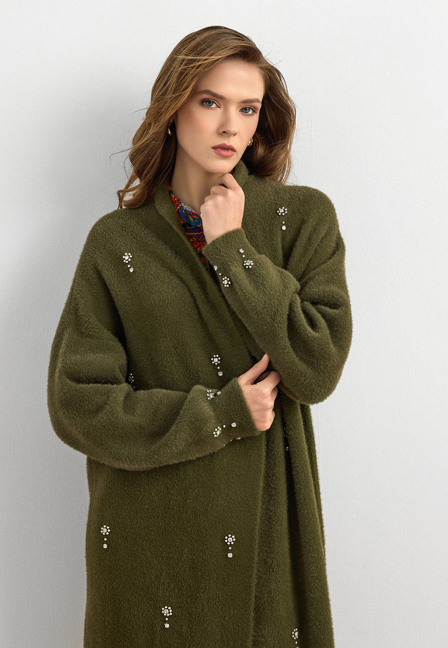 Damla Taşlı Uzun Hırka Haki