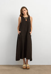 %100 Keten Sıfır Kol Elbise Kahve