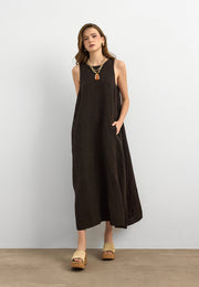 %100 Keten Sıfır Kol Elbise Kahve