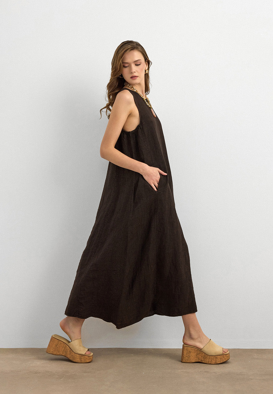 %100 Keten Sıfır Kol Elbise Kahve