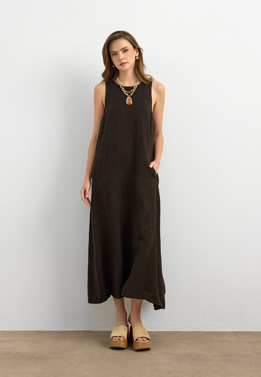 %100 Keten Sıfır Kol Elbise Kahve