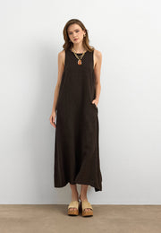 %100 Keten Sıfır Kol Elbise Kahve