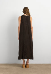 %100 Keten Sıfır Kol Elbise Kahve