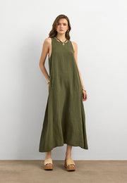 %100 Keten Sıfır Kol Elbise Haki