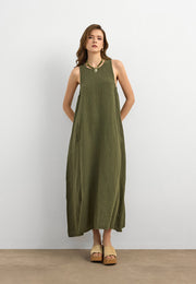 %100 Keten Sıfır Kol Elbise Haki