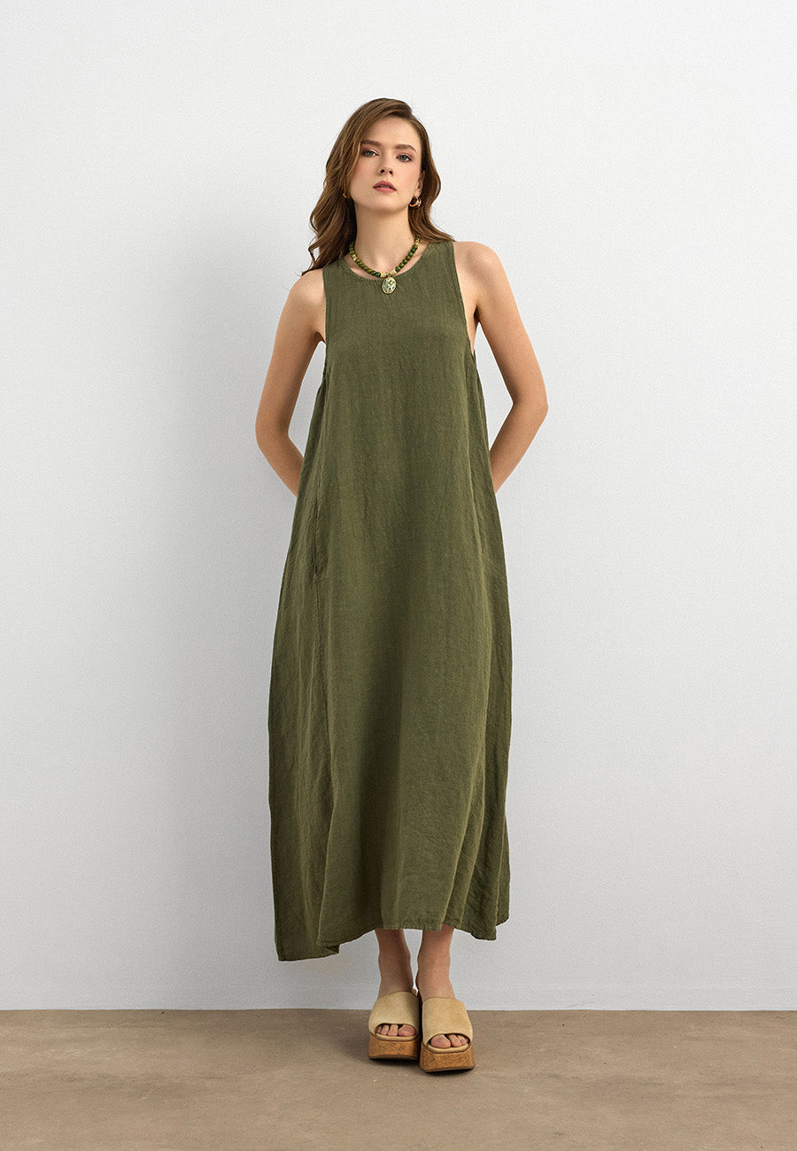 %100 Keten Sıfır Kol Elbise Haki