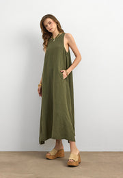 %100 Keten Sıfır Kol Elbise Haki