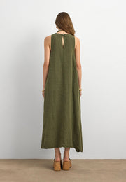 %100 Keten Sıfır Kol Elbise Haki