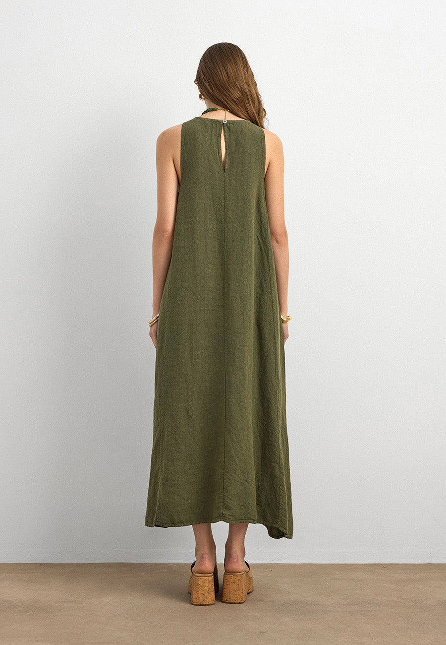 %100 Keten Sıfır Kol Elbise Haki