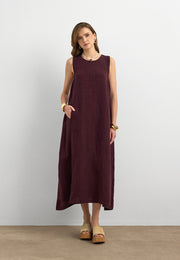 %100 Keten Sıfır Kol Elbise Bordo