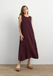 %100 Keten Sıfır Kol Elbise Bordo