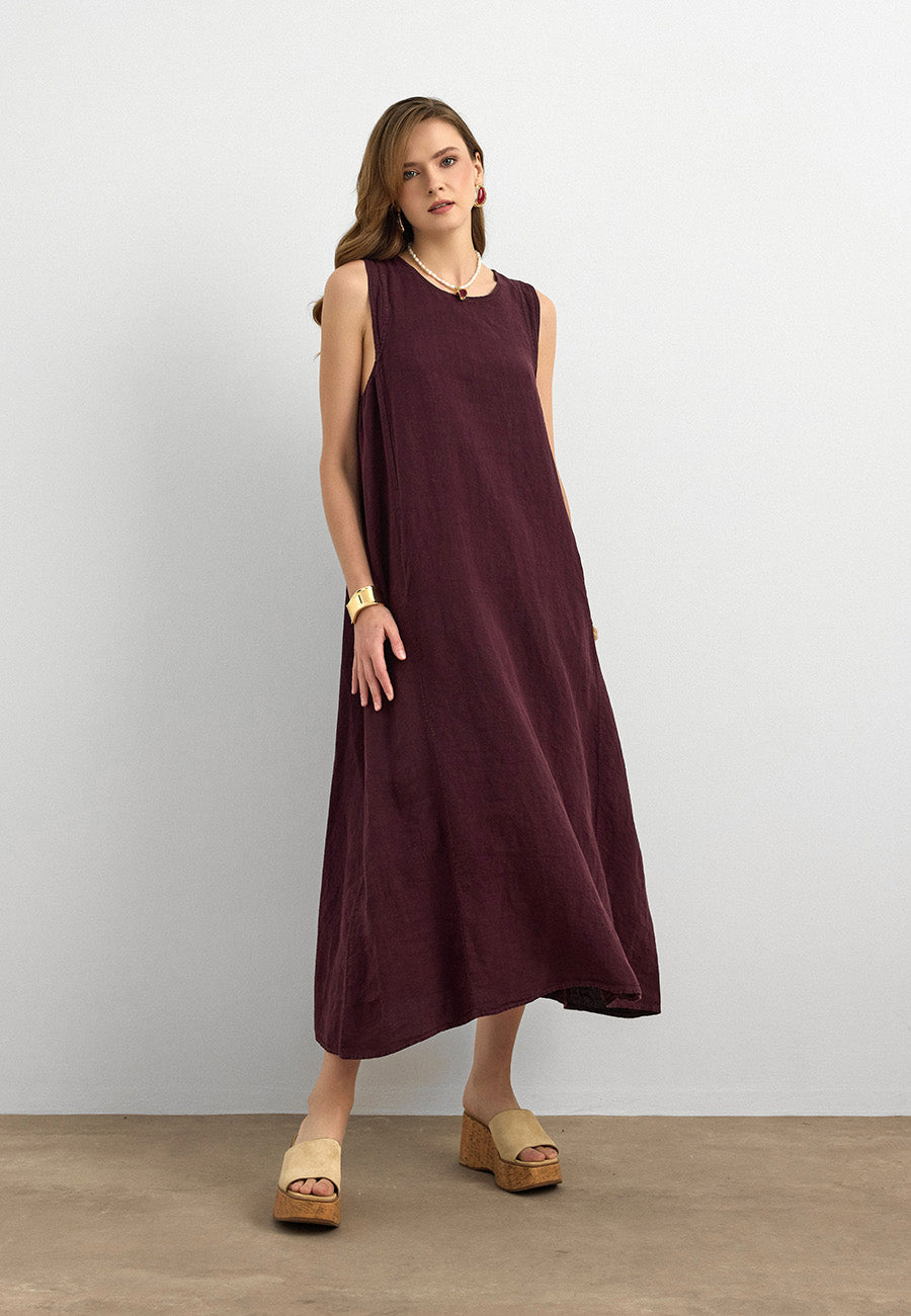 %100 Keten Sıfır Kol Elbise Bordo