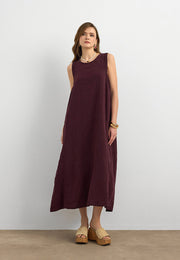 %100 Keten Sıfır Kol Elbise Bordo