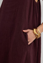 %100 Keten Sıfır Kol Elbise Bordo