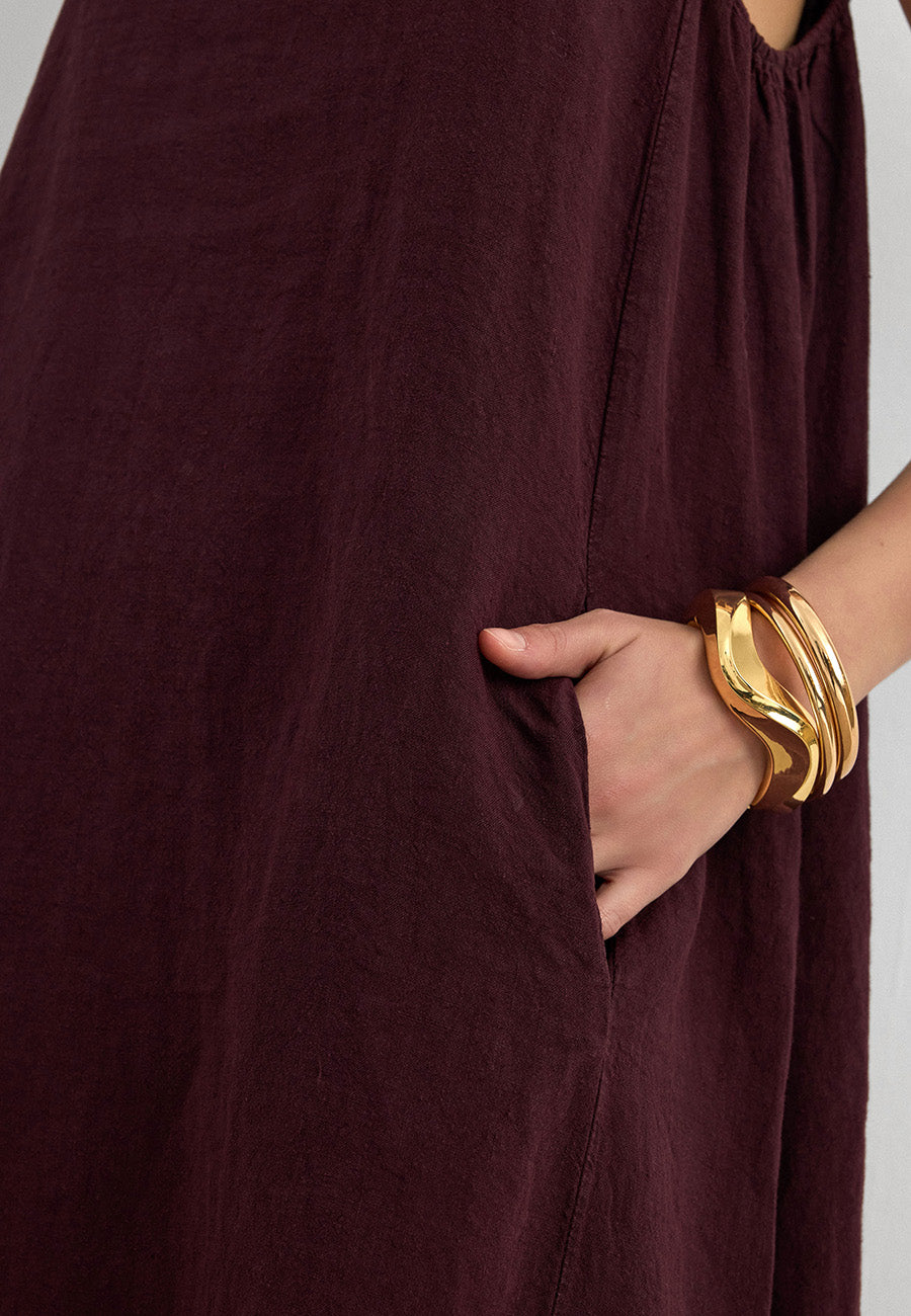 %100 Keten Sıfır Kol Elbise Bordo