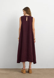%100 Keten Sıfır Kol Elbise Bordo