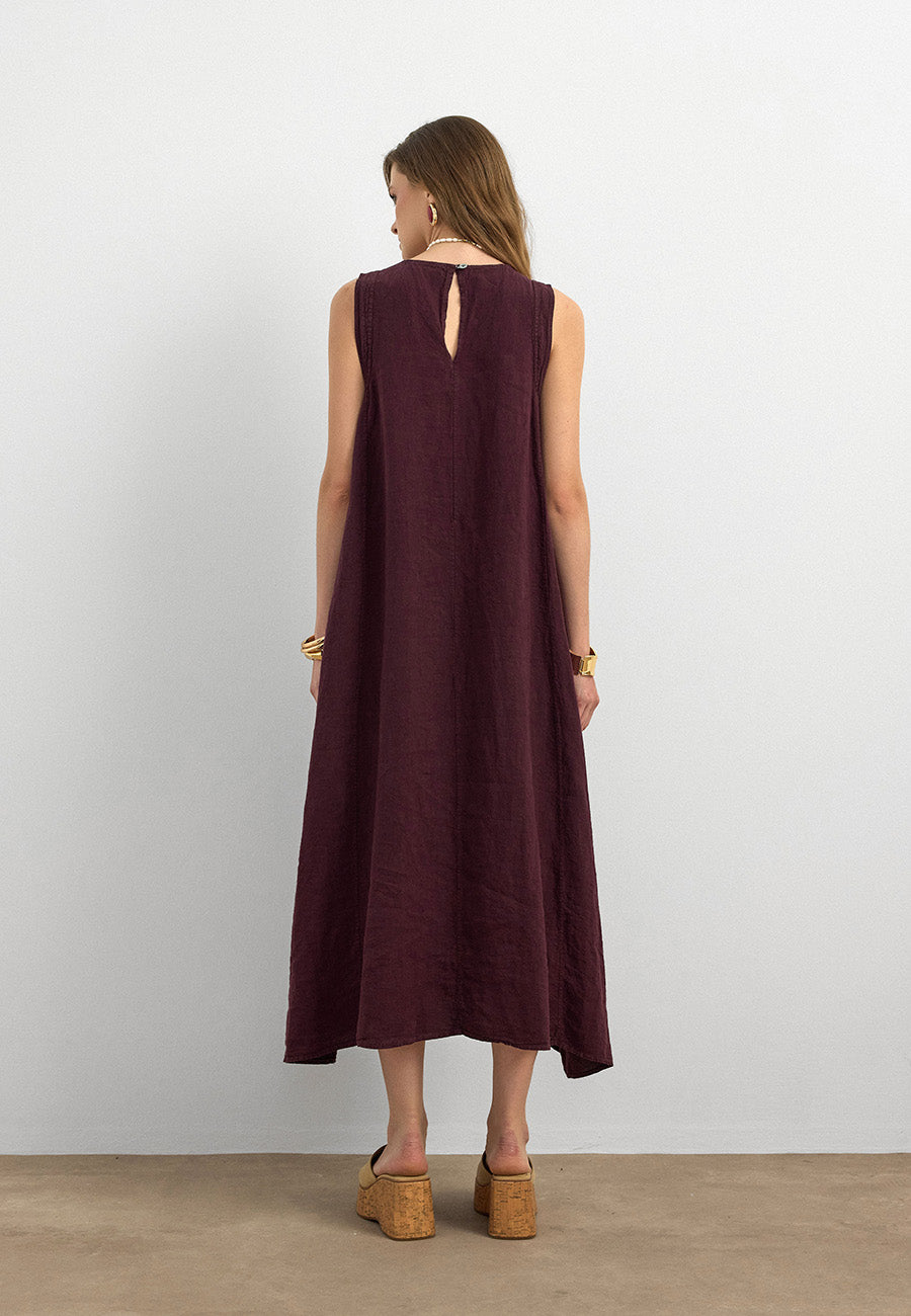%100 Keten Sıfır Kol Elbise Bordo