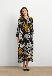 Yaprak Desenli Pamuk Viskon Uzun Elbise