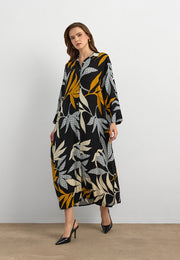 Yaprak Desenli Pamuk Viskon Uzun Elbise