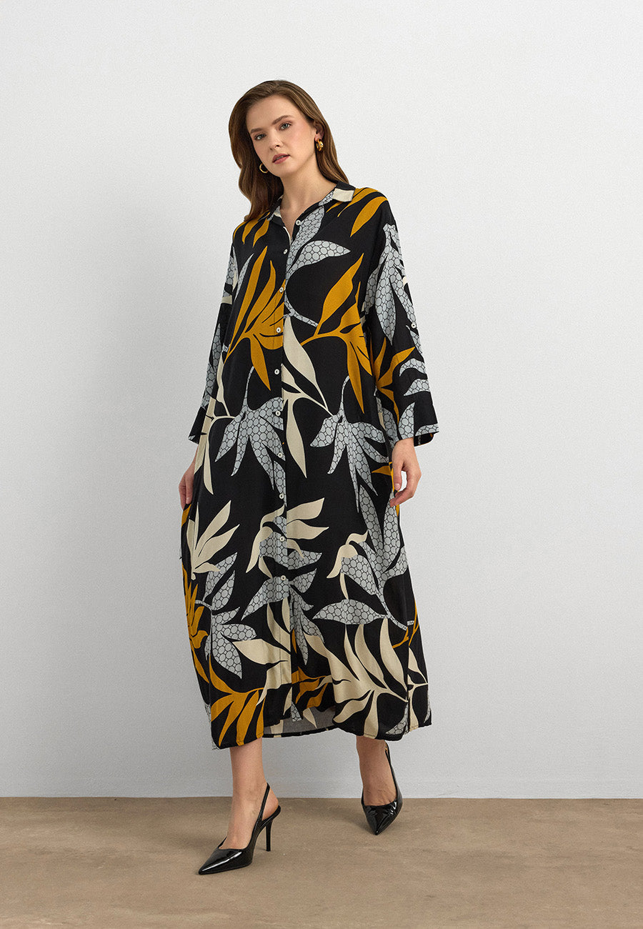 Yaprak Desenli Pamuk Viskon Uzun Elbise