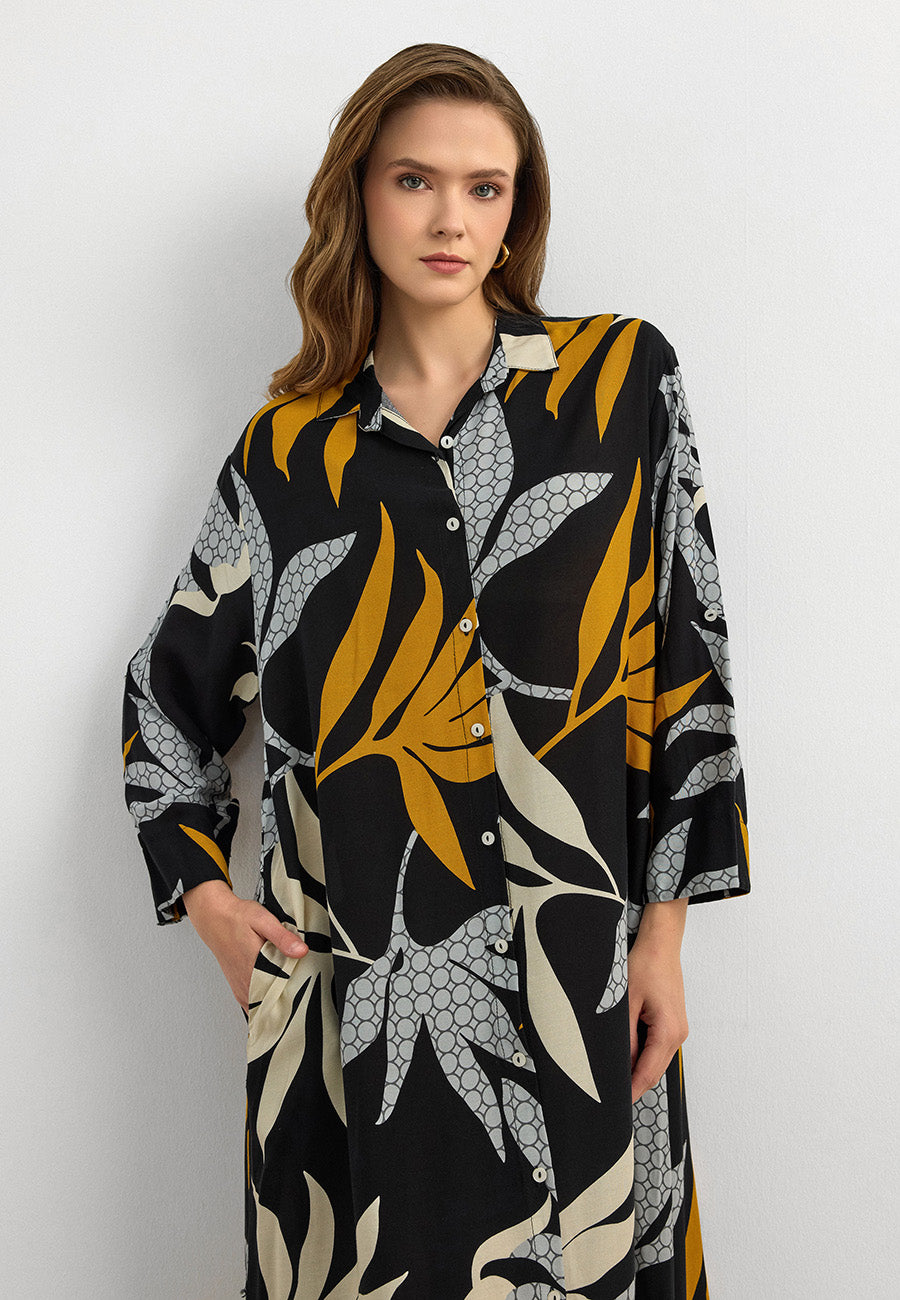 Yaprak Desenli Pamuk Viskon Uzun Elbise