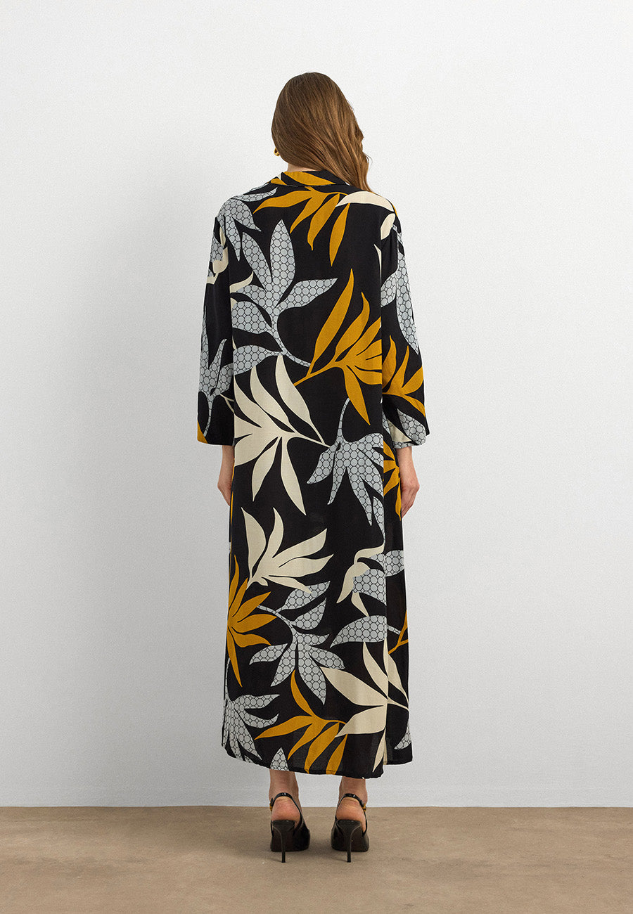 Yaprak Desenli Pamuk Viskon Uzun Elbise