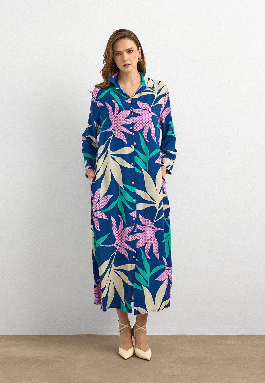 Yaprak Desenli Pamuk Viskon Uzun Elbise