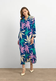 Yaprak Desenli Pamuk Viskon Uzun Elbise