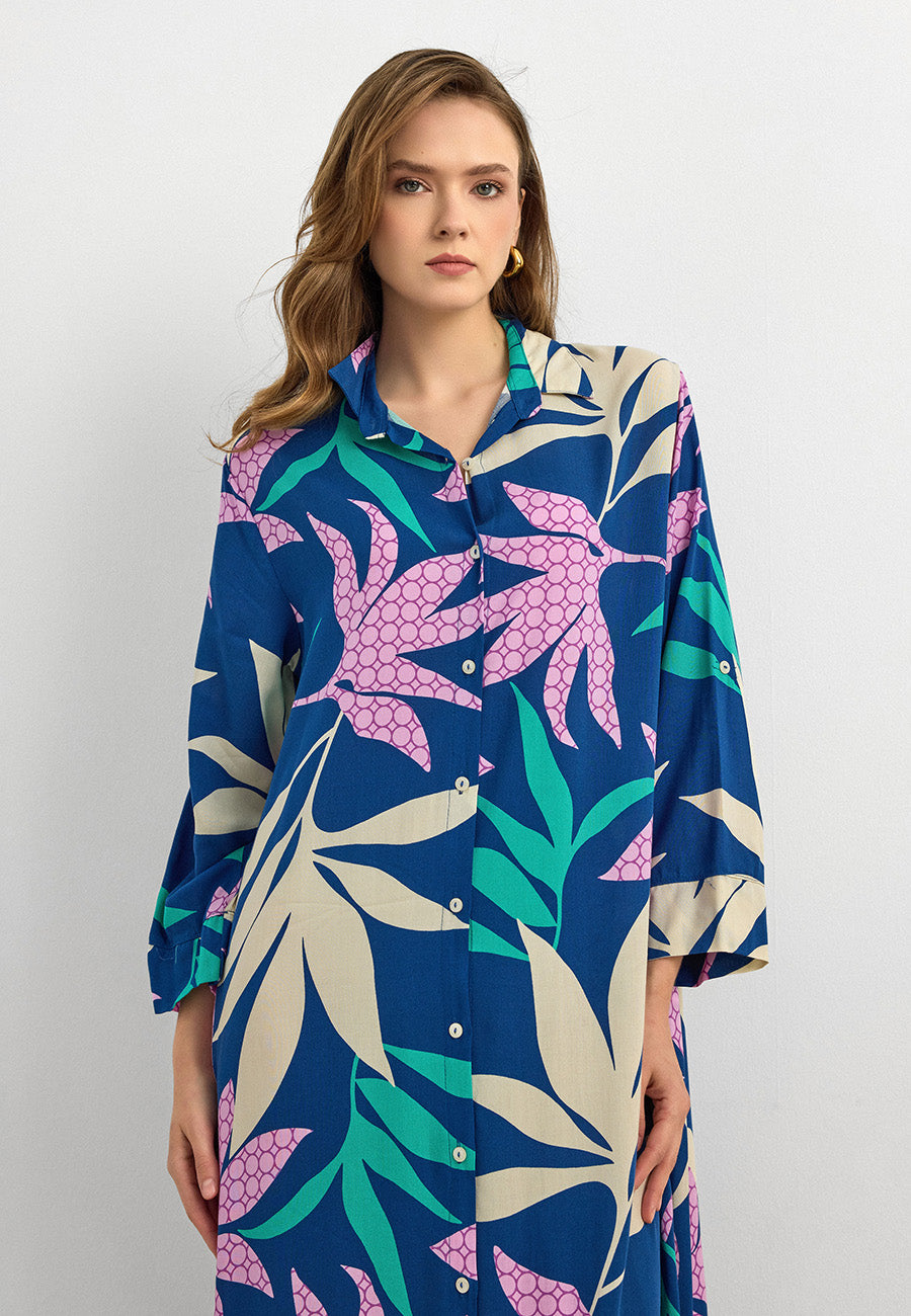 Yaprak Desenli Pamuk Viskon Uzun Elbise