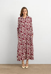 Bordo Yaprak Desenli Pamuk Viskon Uzun Elbise