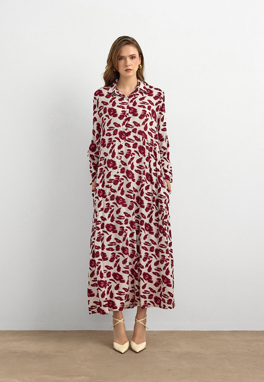 Bordo Yaprak Desenli Pamuk Viskon Uzun Elbise
