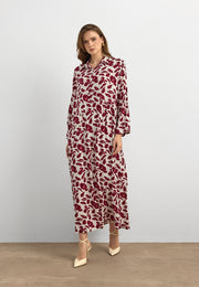 Bordo Yaprak Desenli Pamuk Viskon Uzun Elbise