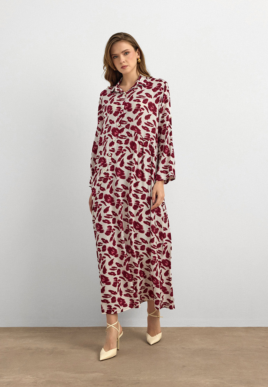 Bordo Yaprak Desenli Pamuk Viskon Uzun Elbise