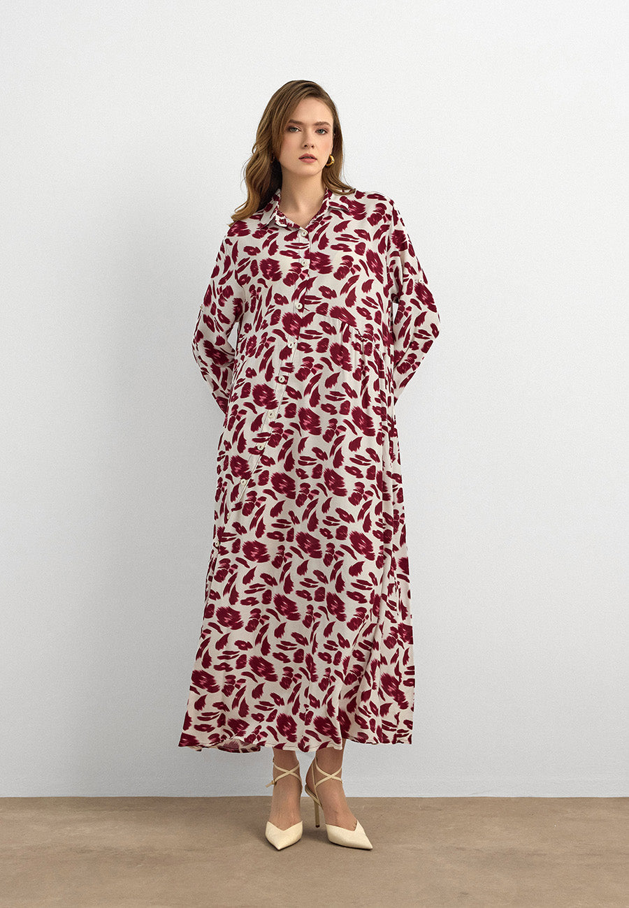 Bordo Yaprak Desenli Pamuk Viskon Uzun Elbise