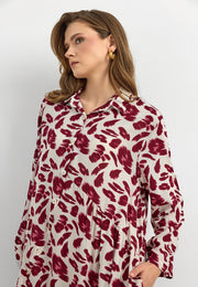 Bordo Yaprak Desenli Pamuk Viskon Uzun Elbise