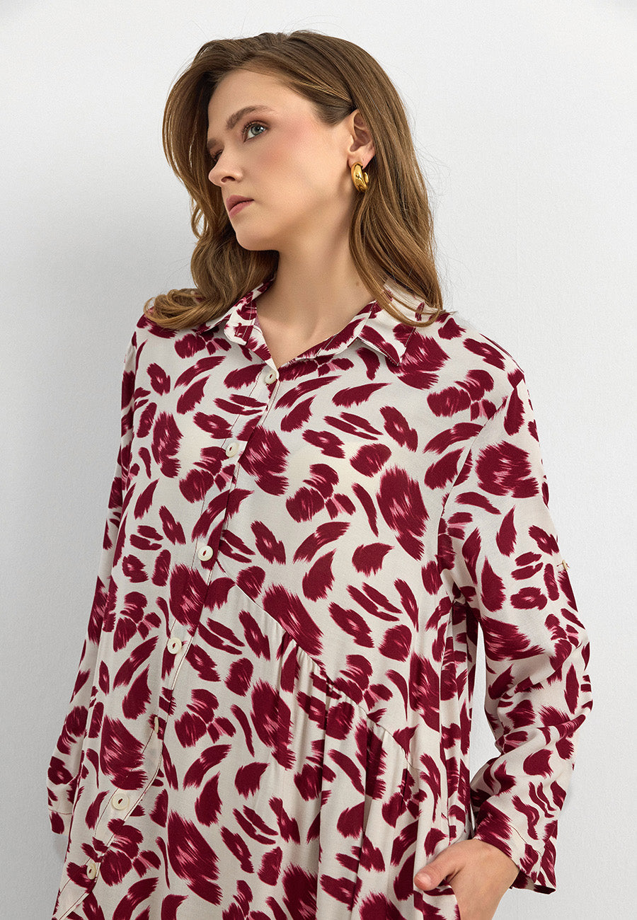 Bordo Yaprak Desenli Pamuk Viskon Uzun Elbise