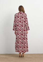 Bordo Yaprak Desenli Pamuk Viskon Uzun Elbise