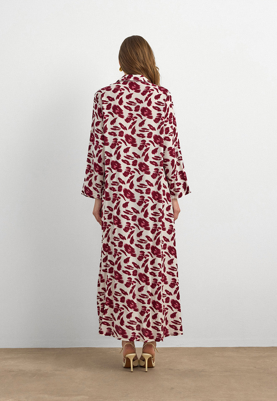 Bordo Yaprak Desenli Pamuk Viskon Uzun Elbise